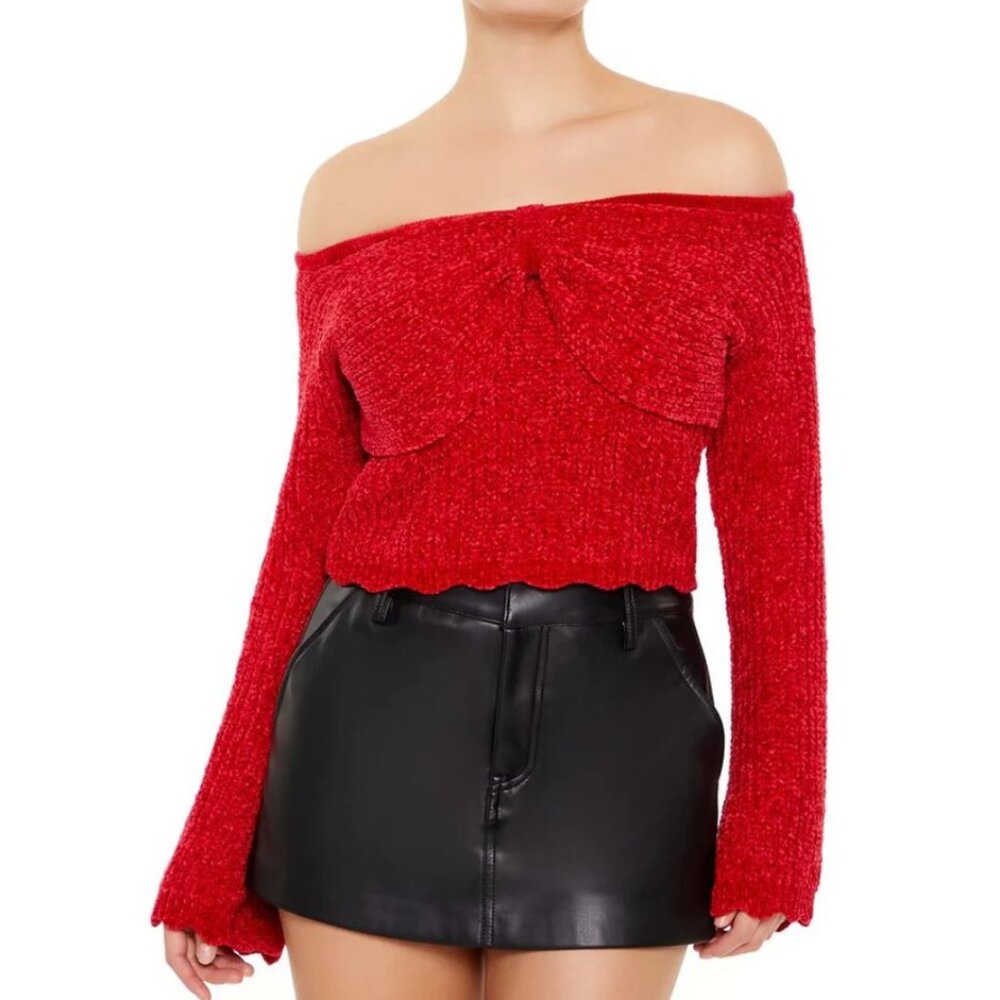 NEW Forever 21 Off-the-Shoulder Bow Sweater - Red Holiday Cozy Cropped Top Cute
